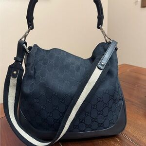 Gucci Black Leather and GG Canvas Shoulder Bag with Silver Accents